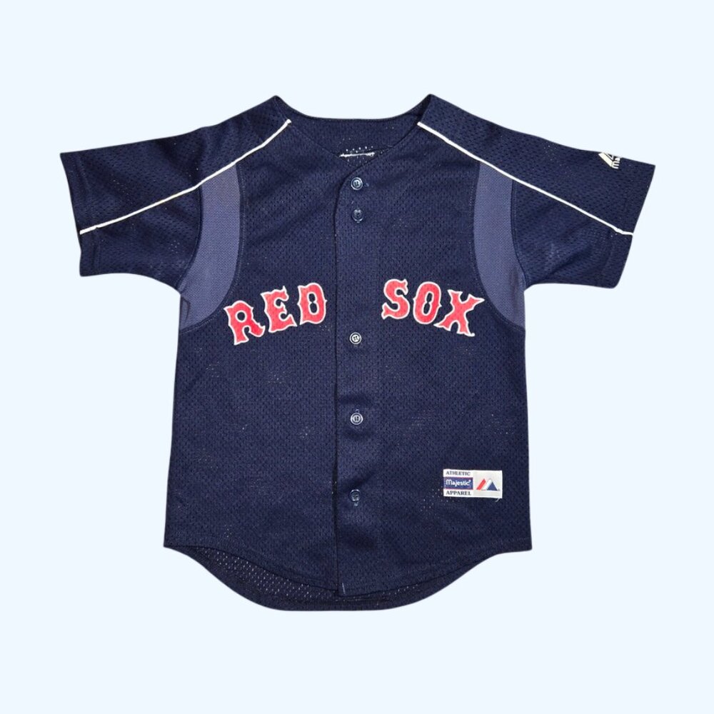 Majestic Boston Red Sox Youth Baseball Jersey Navy Blue Mesh Button Front READ